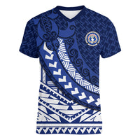 Northern Mariana Islands Saipan Women V-Neck T-Shirt Polynesian Tribal Pattern - Commonwealth Seal Art TS04 Female Blue White - Polynesian Pride