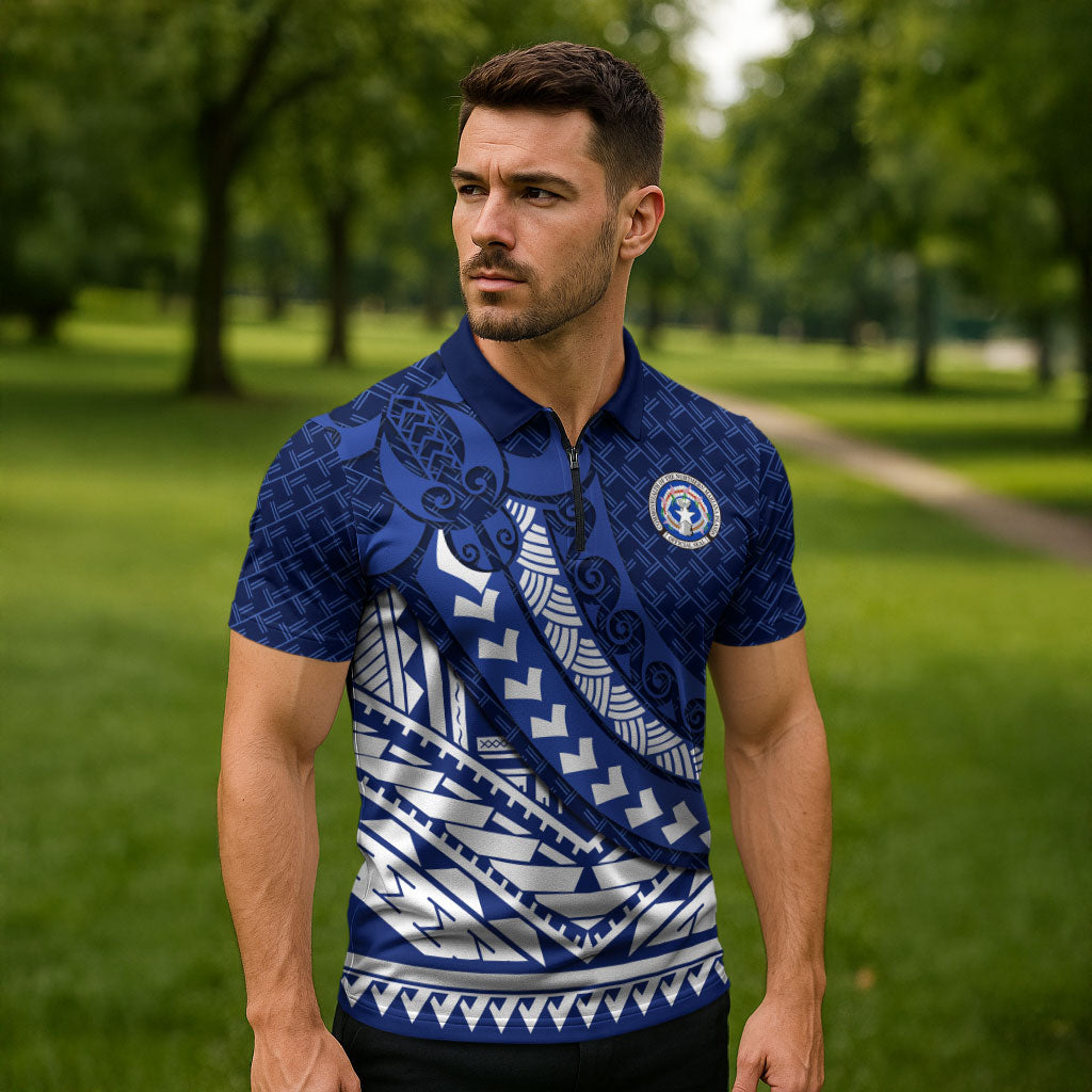 Northern Mariana Islands Saipan Zipper Polo Shirt Polynesian Tribal Pattern - Commonwealth Seal Art