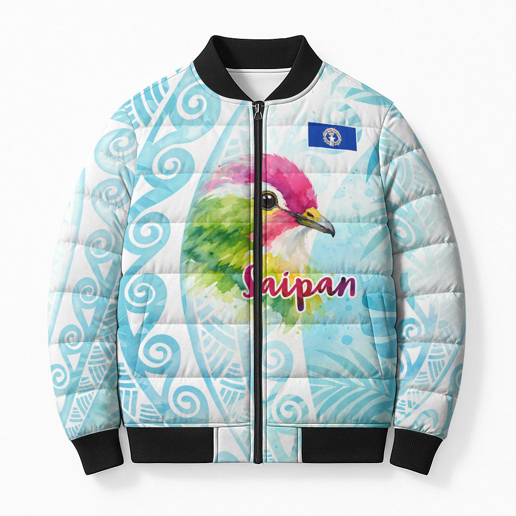Saipan CMNI Bomber Puffer Jacket Polynesian Northern Mariana Islands Fruit Dove Watercolor