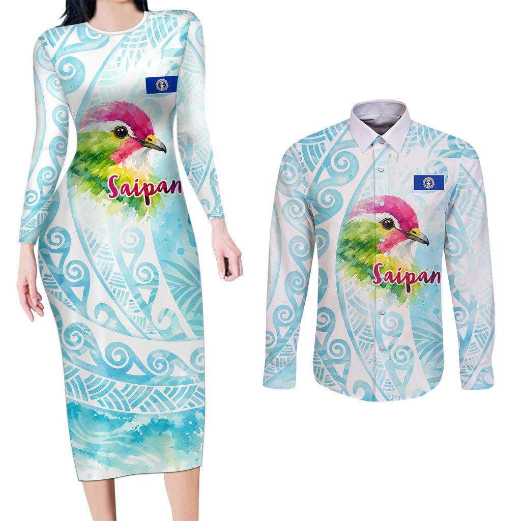 Saipan CMNI Couples Matching Long Sleeve Bodycon Dress and Long Sleeve Button Shirt Polynesian Northern Mariana Islands Fruit Dove Watercolor