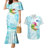 Saipan CMNI Couples Matching Mermaid Dress and Hawaiian Shirt Polynesian Northern Mariana Islands Fruit Dove Watercolor TS04 Blue White - Polynesian Pride