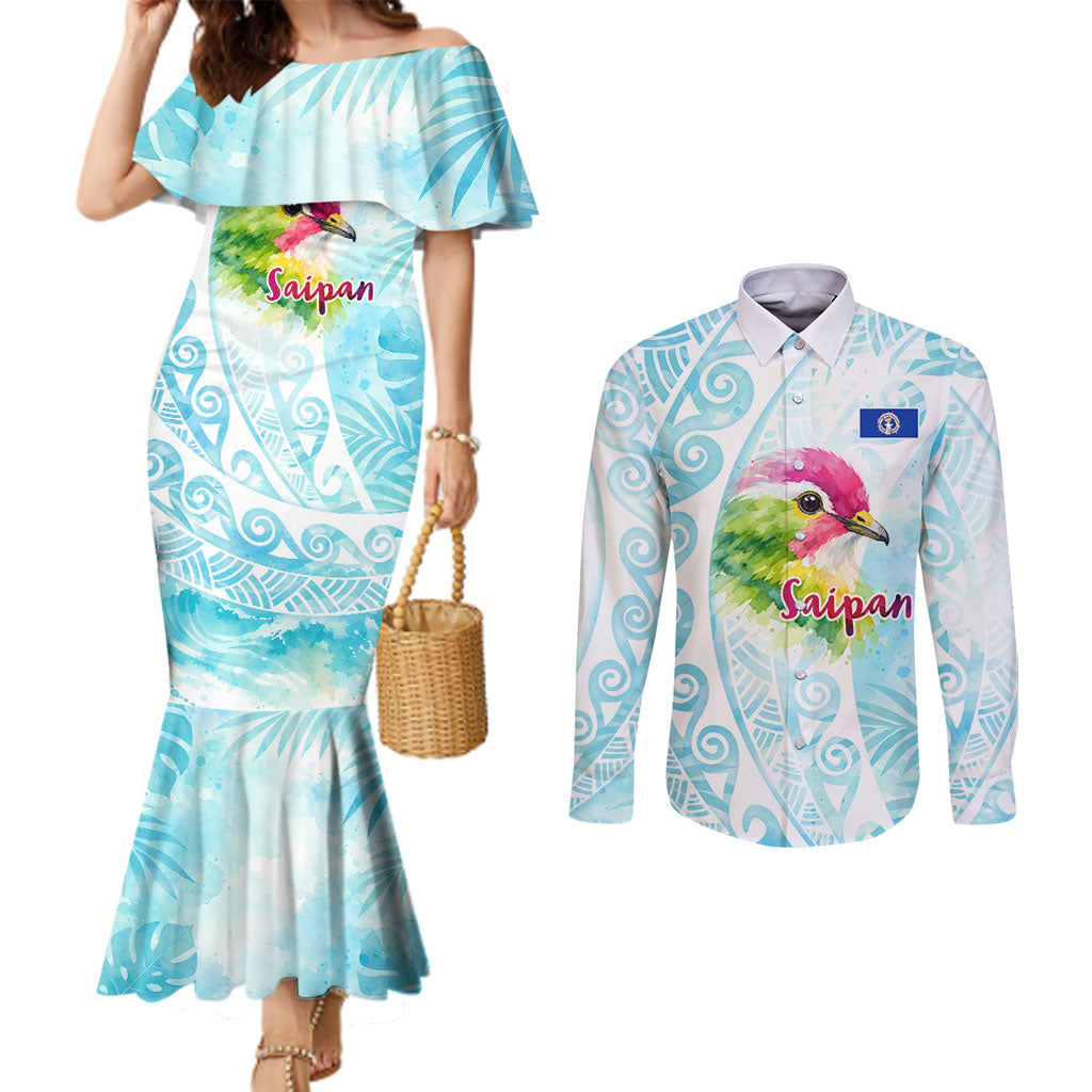 Saipan CMNI Couples Matching Mermaid Dress and Long Sleeve Button Shirt Polynesian Northern Mariana Islands Fruit Dove Watercolor TS04 Blue White - Polynesian Pride