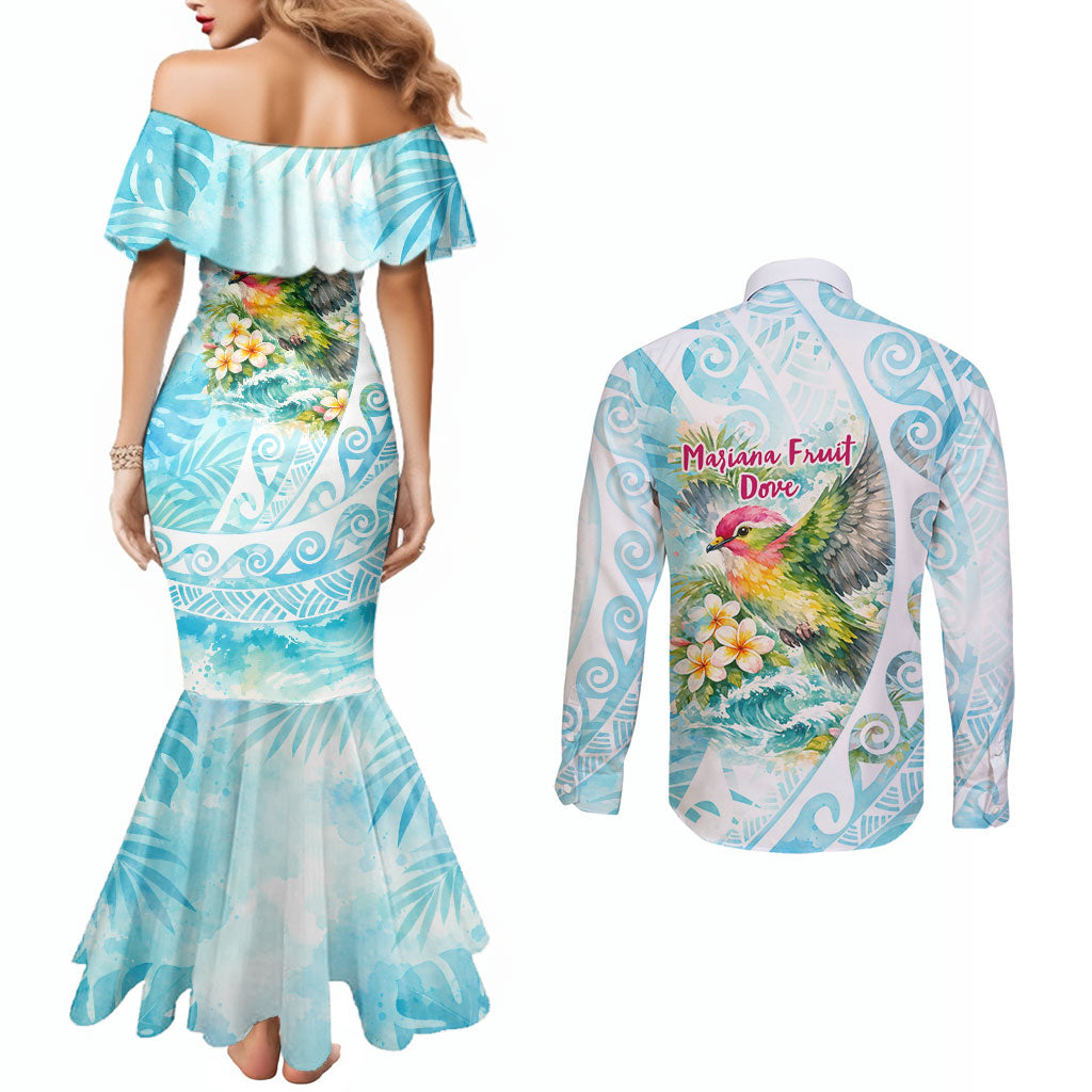 Saipan CMNI Couples Matching Mermaid Dress and Long Sleeve Button Shirt Polynesian Northern Mariana Islands Fruit Dove Watercolor TS04 - Polynesian Pride