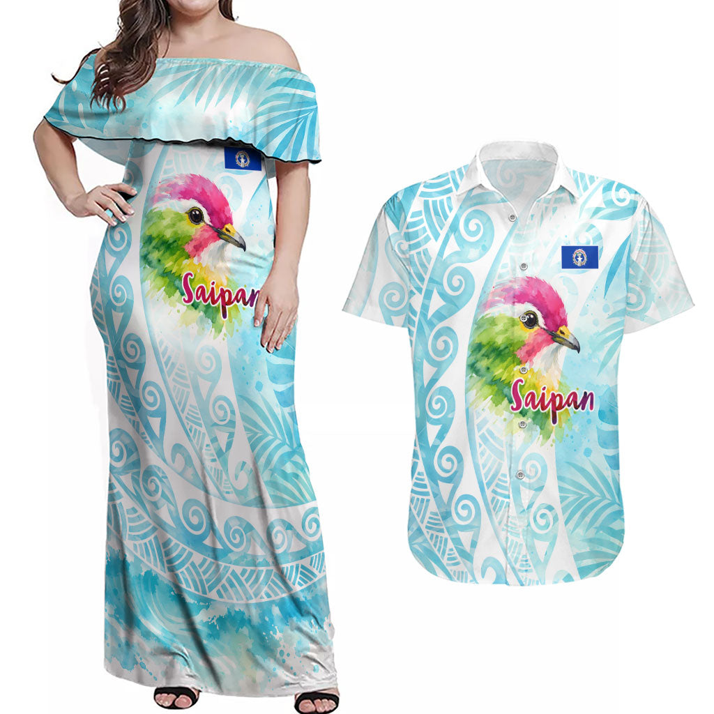 Saipan CMNI Couples Matching Off Shoulder Maxi Dress and Hawaiian Shirt Polynesian Northern Mariana Islands Fruit Dove Watercolor TS04 Blue White - Polynesian Pride