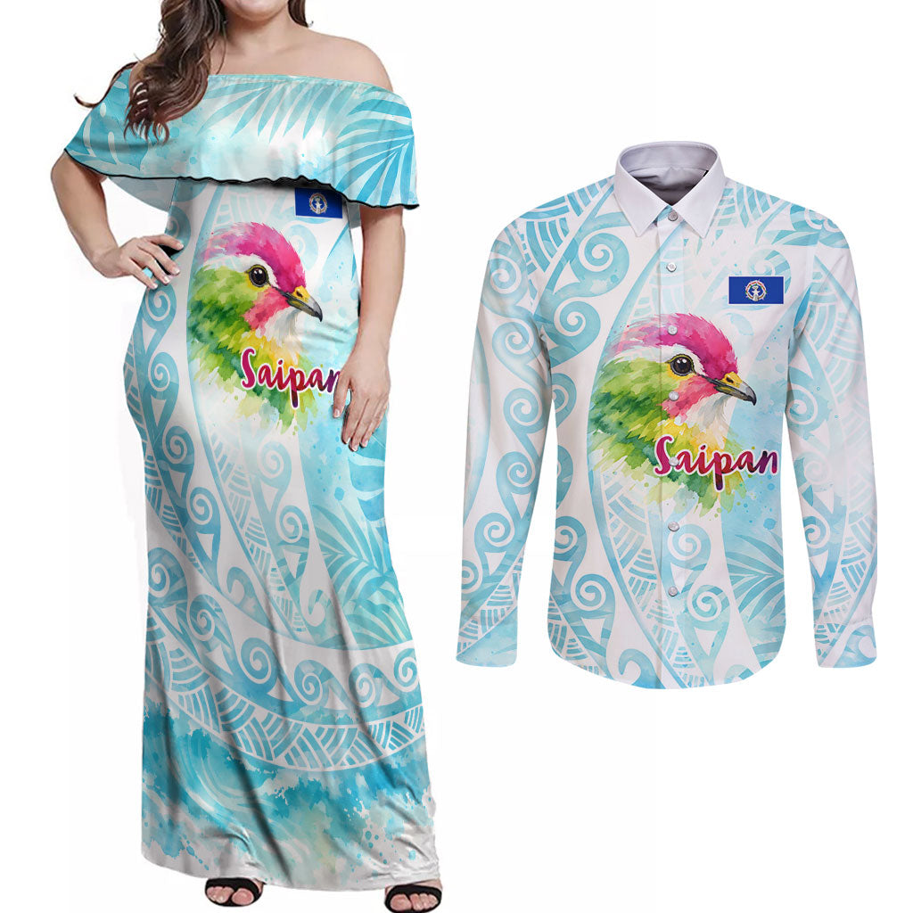 Saipan CMNI Couples Matching Off Shoulder Maxi Dress and Long Sleeve Button Shirt Polynesian Northern Mariana Islands Fruit Dove Watercolor TS04 Blue White - Polynesian Pride