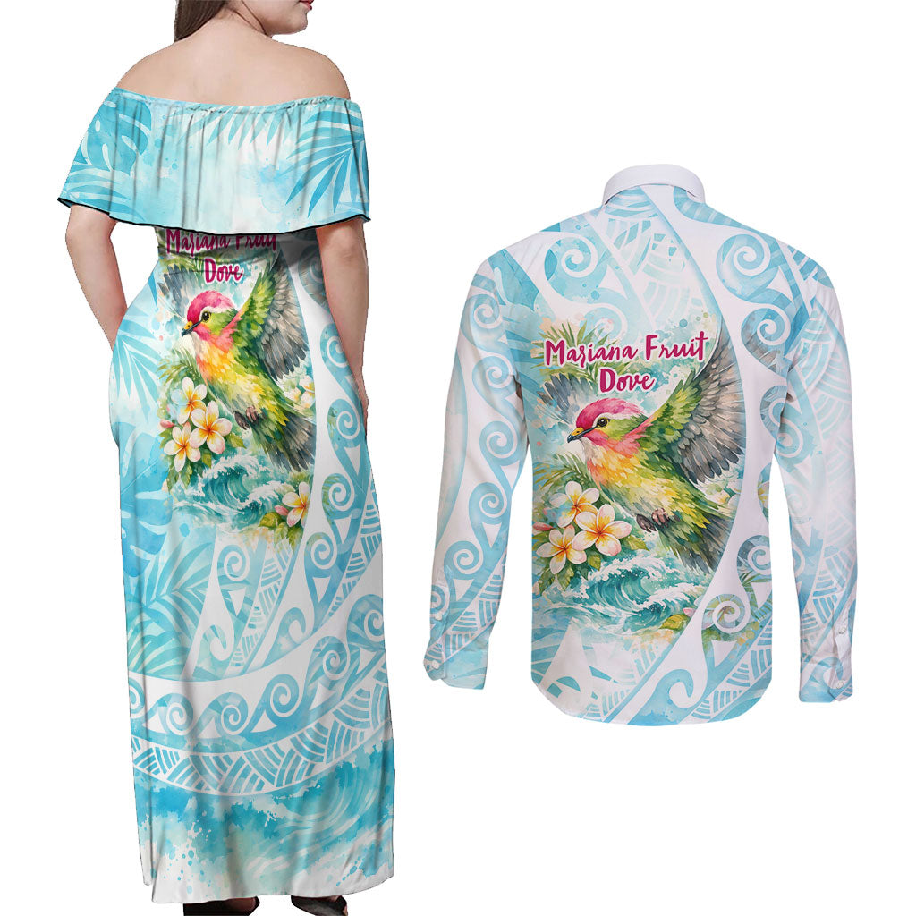 Saipan CMNI Couples Matching Off Shoulder Maxi Dress and Long Sleeve Button Shirt Polynesian Northern Mariana Islands Fruit Dove Watercolor TS04 - Polynesian Pride