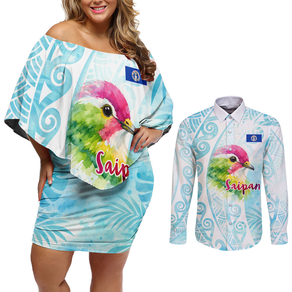Saipan CMNI Couples Matching Off Shoulder Short Dress and Long Sleeve Button Shirt Polynesian Northern Mariana Islands Fruit Dove Watercolor TS04 Blue White - Polynesian Pride