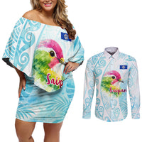 Saipan CMNI Couples Matching Off Shoulder Short Dress and Long Sleeve Button Shirt Polynesian Northern Mariana Islands Fruit Dove Watercolor TS04 Blue White - Polynesian Pride