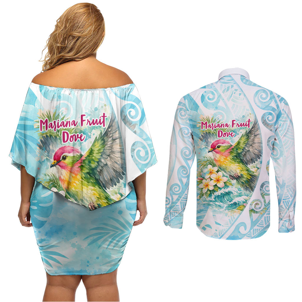 Saipan CMNI Couples Matching Off Shoulder Short Dress and Long Sleeve Button Shirt Polynesian Northern Mariana Islands Fruit Dove Watercolor TS04 - Polynesian Pride