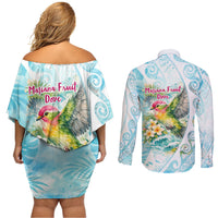 Saipan CMNI Couples Matching Off Shoulder Short Dress and Long Sleeve Button Shirt Polynesian Northern Mariana Islands Fruit Dove Watercolor TS04 - Polynesian Pride