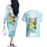 Saipan CMNI Couples Matching Off The Shoulder Long Sleeve Dress and Hawaiian Shirt Polynesian Northern Mariana Islands Fruit Dove Watercolor TS04 - Polynesian Pride