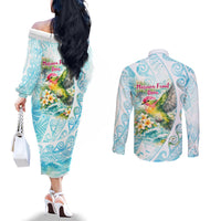 Saipan CMNI Couples Matching Off The Shoulder Long Sleeve Dress and Long Sleeve Button Shirt Polynesian Northern Mariana Islands Fruit Dove Watercolor TS04 - Polynesian Pride