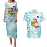 Saipan CMNI Couples Matching Puletasi and Hawaiian Shirt Polynesian Northern Mariana Islands Fruit Dove Watercolor TS04 Blue White - Polynesian Pride