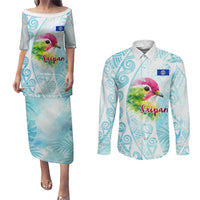 Saipan CMNI Couples Matching Puletasi and Long Sleeve Button Shirt Polynesian Northern Mariana Islands Fruit Dove Watercolor TS04 Blue White - Polynesian Pride
