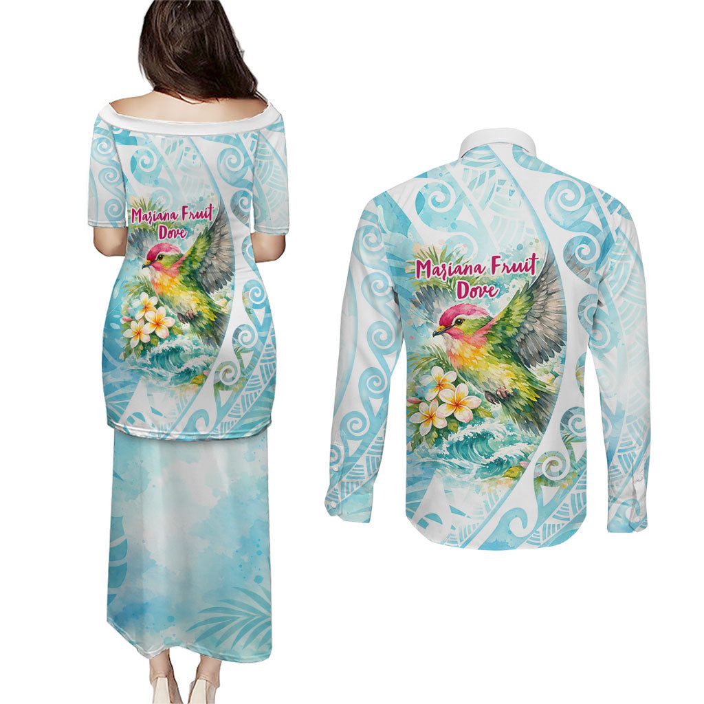 Saipan CMNI Couples Matching Puletasi and Long Sleeve Button Shirt Polynesian Northern Mariana Islands Fruit Dove Watercolor TS04 - Polynesian Pride