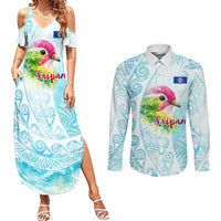 Saipan CMNI Couples Matching Summer Maxi Dress and Long Sleeve Button Shirt Polynesian Northern Mariana Islands Fruit Dove Watercolor TS04 Blue White - Polynesian Pride