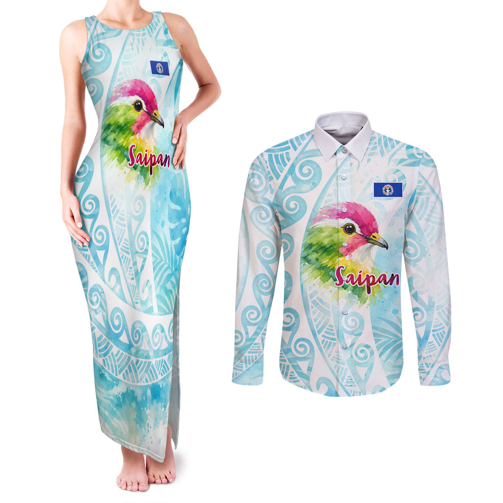 Saipan CMNI Couples Matching Tank Maxi Dress and Long Sleeve Button Shirt Polynesian Northern Mariana Islands Fruit Dove Watercolor TS04 Blue White - Polynesian Pride