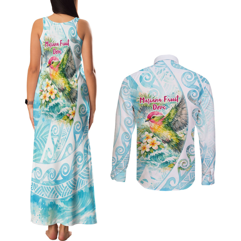 Saipan CMNI Couples Matching Tank Maxi Dress and Long Sleeve Button Shirt Polynesian Northern Mariana Islands Fruit Dove Watercolor TS04 - Polynesian Pride
