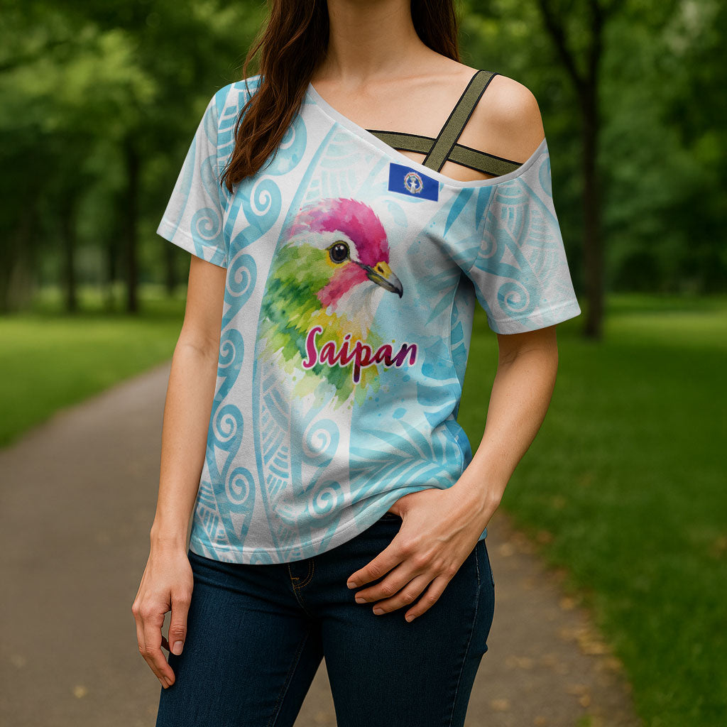 Saipan CMNI Cross Shoulder Shirt Polynesian Northern Mariana Islands Fruit Dove Watercolor