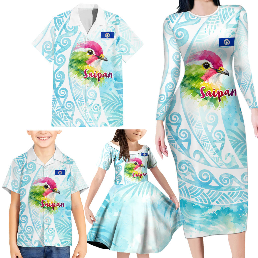 Saipan CMNI Family Matching Long Sleeve Bodycon Dress and Hawaiian Shirt Polynesian Northern Mariana Islands Fruit Dove Watercolor TS04 - Polynesian Pride