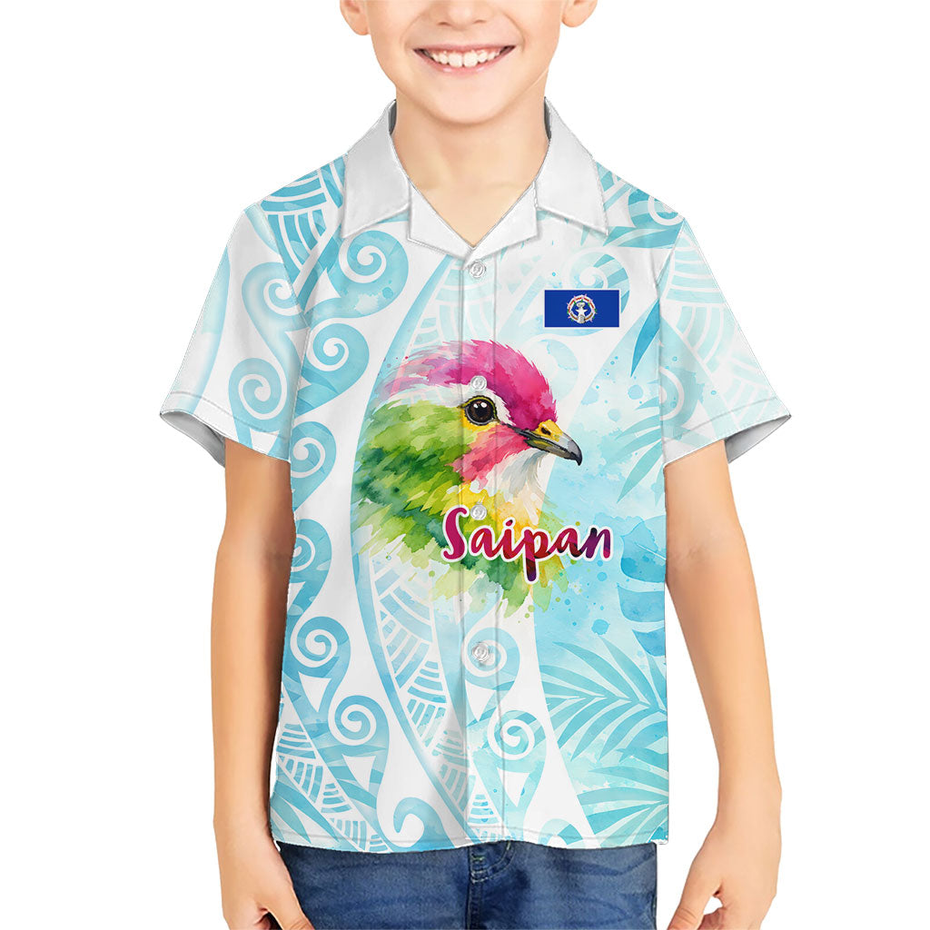 Saipan CMNI Family Matching Long Sleeve Bodycon Dress and Hawaiian Shirt Polynesian Northern Mariana Islands Fruit Dove Watercolor TS04 Son's Shirt Blue White - Polynesian Pride