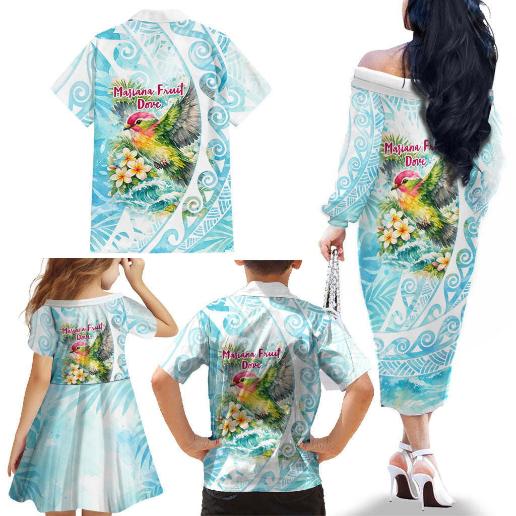 Saipan CMNI Family Matching Off The Shoulder Long Sleeve Dress and Hawaiian Shirt Polynesian Northern Mariana Islands Fruit Dove Watercolor TS04 - Polynesian Pride