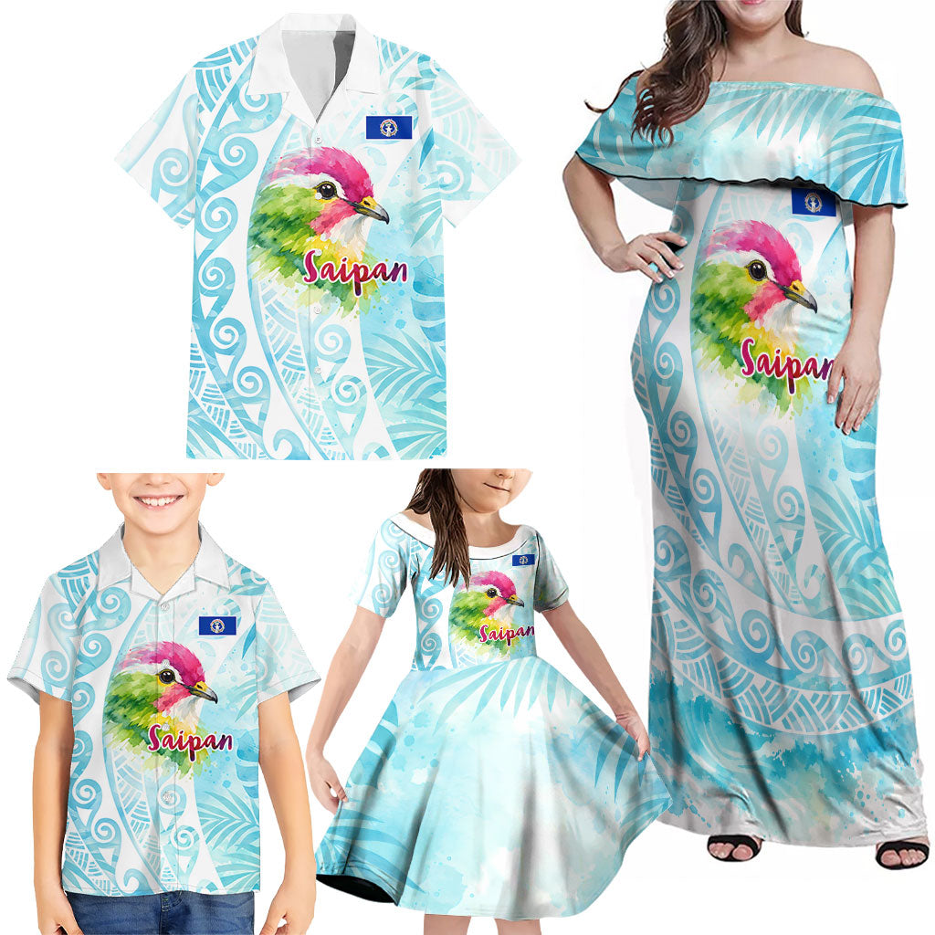 Saipan CMNI Family Matching Off Shoulder Maxi Dress and Hawaiian Shirt Polynesian Northern Mariana Islands Fruit Dove Watercolor TS04 - Polynesian Pride