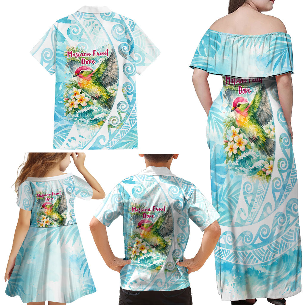 Saipan CMNI Family Matching Off Shoulder Maxi Dress and Hawaiian Shirt Polynesian Northern Mariana Islands Fruit Dove Watercolor TS04 - Polynesian Pride