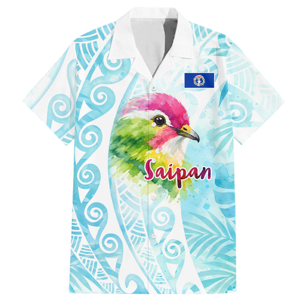 Saipan CMNI Family Matching Off Shoulder Maxi Dress and Hawaiian Shirt Polynesian Northern Mariana Islands Fruit Dove Watercolor TS04 Dad's Shirt - Short Sleeve Blue White - Polynesian Pride