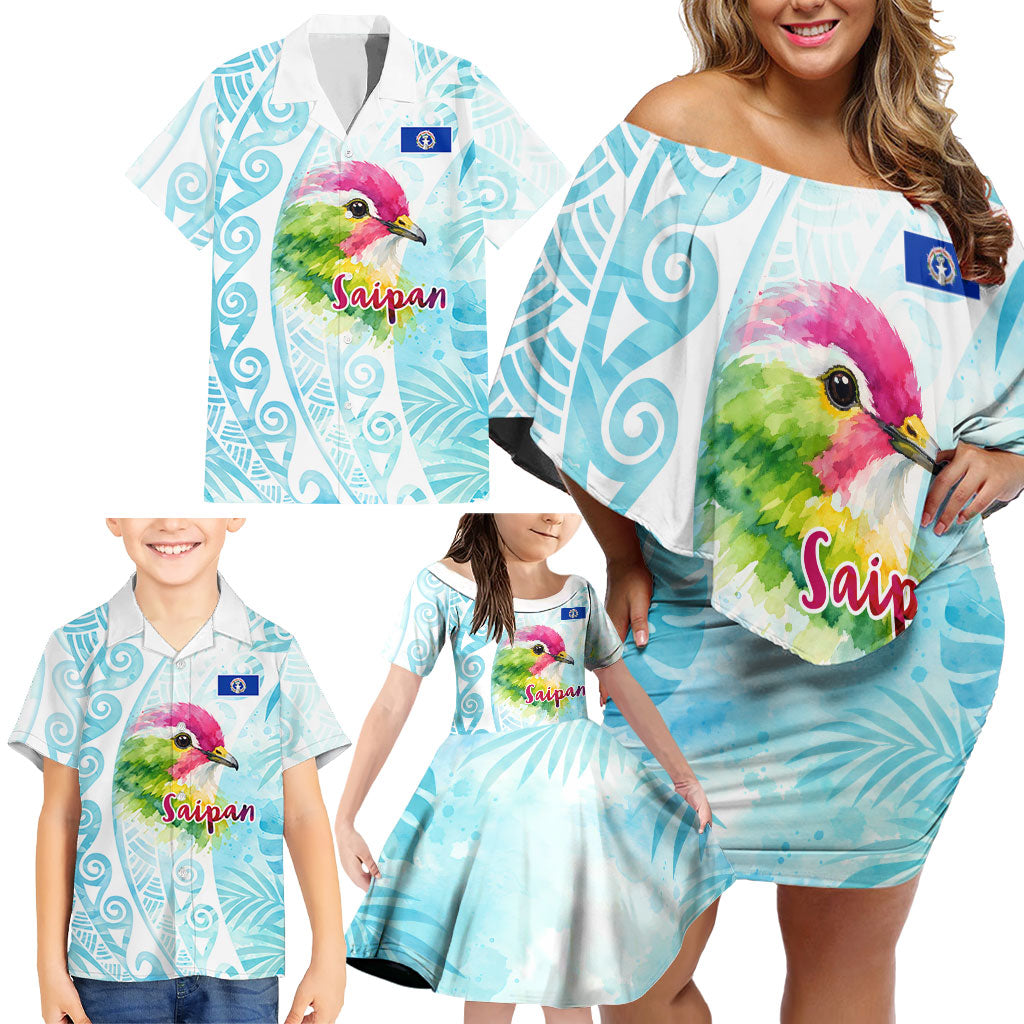 Saipan CMNI Family Matching Off Shoulder Short Dress and Hawaiian Shirt Polynesian Northern Mariana Islands Fruit Dove Watercolor TS04 - Polynesian Pride