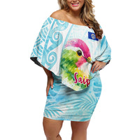 Saipan CMNI Family Matching Off Shoulder Short Dress and Hawaiian Shirt Polynesian Northern Mariana Islands Fruit Dove Watercolor TS04 Mom's Dress Blue White - Polynesian Pride