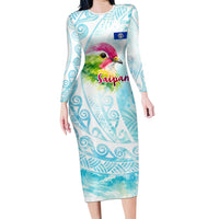 Saipan CMNI Long Sleeve Bodycon Dress Polynesian Northern Mariana Islands Fruit Dove Watercolor TS04 Long Dress Blue White - Polynesian Pride