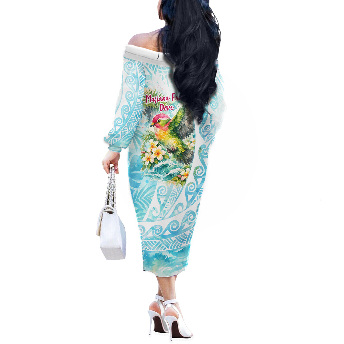 Saipan CMNI Off The Shoulder Long Sleeve Dress Polynesian Northern Mariana Islands Fruit Dove Watercolor TS04 - Polynesian Pride