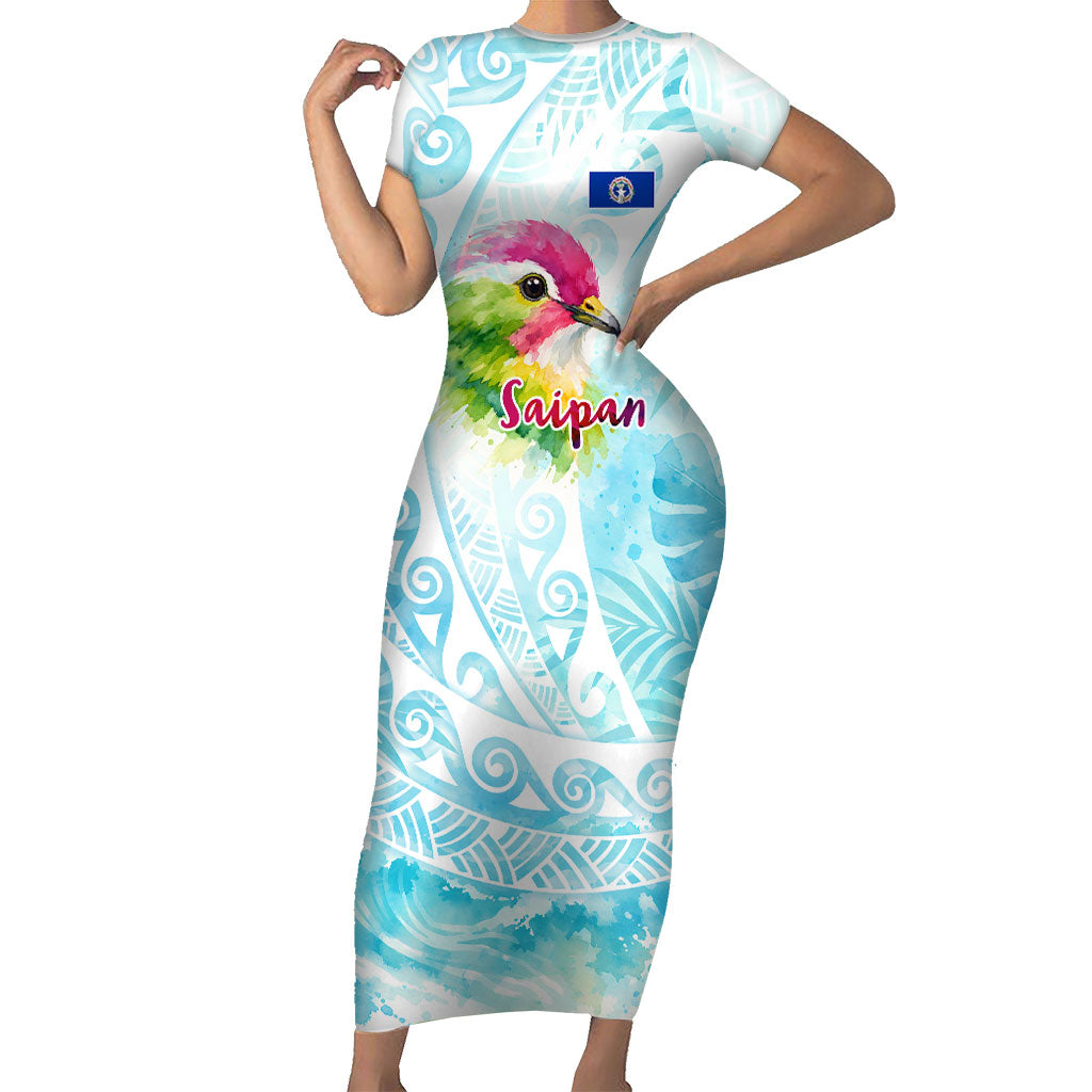 Saipan CMNI Short Sleeve Bodycon Dress Polynesian Northern Mariana Islands Fruit Dove Watercolor TS04 Long Dress Blue White - Polynesian Pride