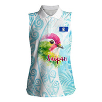 Saipan CMNI Women Sleeveless Polo Shirt Polynesian Northern Mariana Islands Fruit Dove Watercolor TS04 Female Blue White - Polynesian Pride