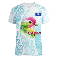 Saipan CMNI Women V-Neck T-Shirt Polynesian Northern Mariana Islands Fruit Dove Watercolor TS04 Female Blue White - Polynesian Pride