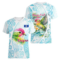 Saipan CMNI Women V-Neck T-Shirt Polynesian Northern Mariana Islands Fruit Dove Watercolor TS04 - Polynesian Pride