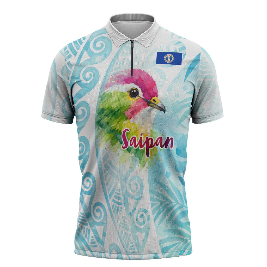 Saipan CMNI Zipper Polo Shirt Polynesian Northern Mariana Islands Fruit Dove Watercolor TS04 Blue White - Polynesian Pride