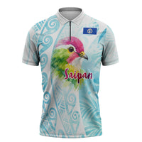 Saipan CMNI Zipper Polo Shirt Polynesian Northern Mariana Islands Fruit Dove Watercolor TS04 Blue White - Polynesian Pride