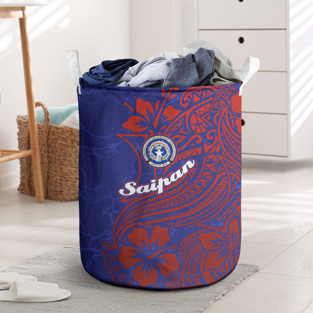 Saipan Northern Mariana Islands Laundry Basket Polynesian Tribal Tattoo Art With Hibiscus Flowers And Seal TS04 Blue Red - Polynesian Pride