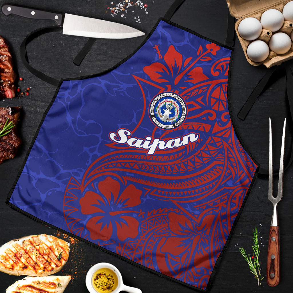 Saipan Northern Mariana Islands Apron Polynesian Tribal Tattoo Art With Hibiscus Flowers And Seal TS04 Blue Red - Polynesian Pride