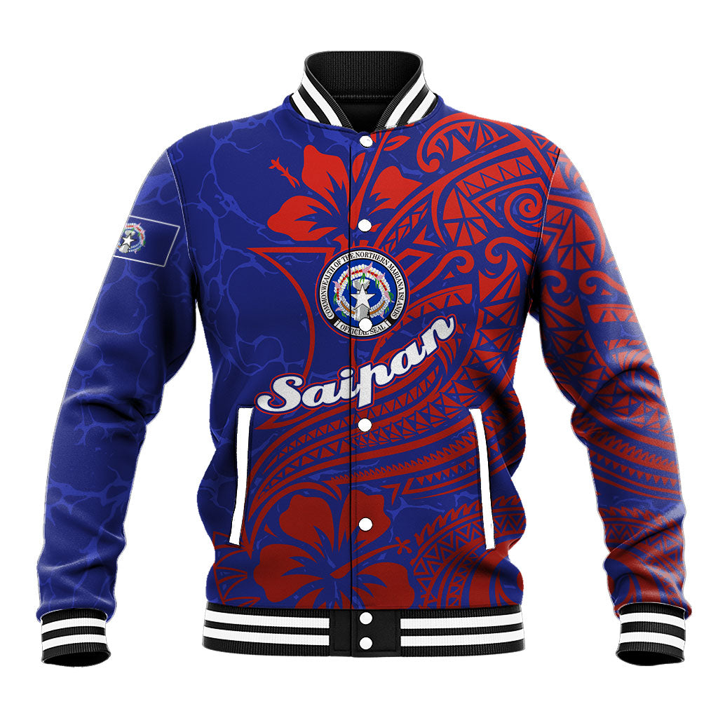 Saipan Northern Mariana Islands Baseball Jacket Polynesian Tribal Tattoo Art With Hibiscus Flowers And Seal TS04 Unisex Blue Red - Polynesian Pride