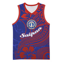 Saipan Northern Mariana Islands Basketball Jersey Polynesian Tribal Tattoo Art With Hibiscus Flowers And Seal TS04 Unisex Blue Red - Polynesian Pride
