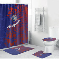 Saipan Northern Mariana Islands Bathroom Set Polynesian Tribal Tattoo Art With Hibiscus Flowers And Seal TS04 Bathroom Set (4 pcs) Blue Red - Polynesian Pride