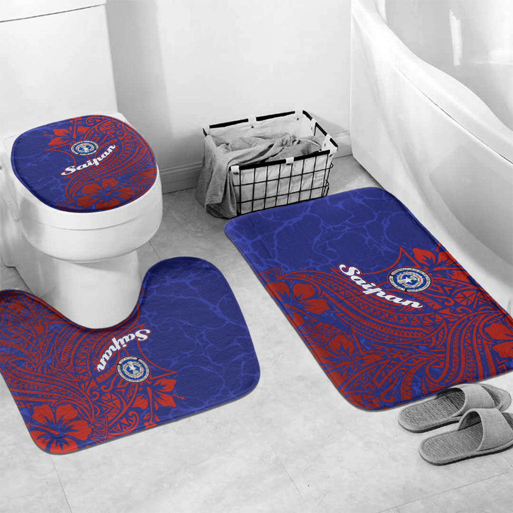 Saipan Northern Mariana Islands Bathroom Set Polynesian Tribal Tattoo Art With Hibiscus Flowers And Seal TS04 Mat Set Only (3 pcs) One Size Blue Red - Polynesian Pride