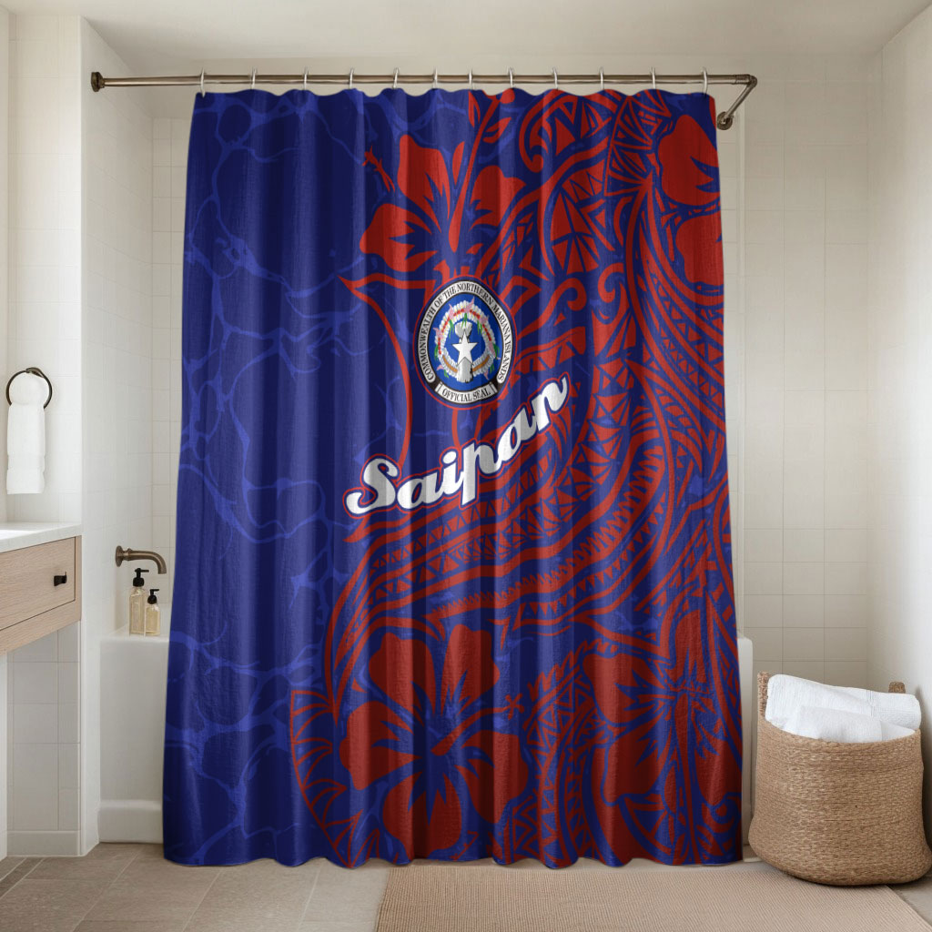 Saipan Northern Mariana Islands Bathroom Set Polynesian Tribal Tattoo Art With Hibiscus Flowers And Seal TS04 Shower Curtain Only Blue Red - Polynesian Pride
