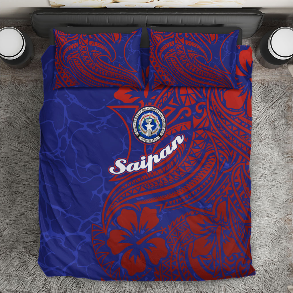 Saipan Northern Mariana Islands Bedding Set Polynesian Tribal Tattoo Art With Hibiscus Flowers And Seal TS04 Blue Red - Polynesian Pride