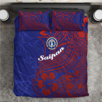 Saipan Northern Mariana Islands Bedding Set Polynesian Tribal Tattoo Art With Hibiscus Flowers And Seal TS04 Blue Red - Polynesian Pride