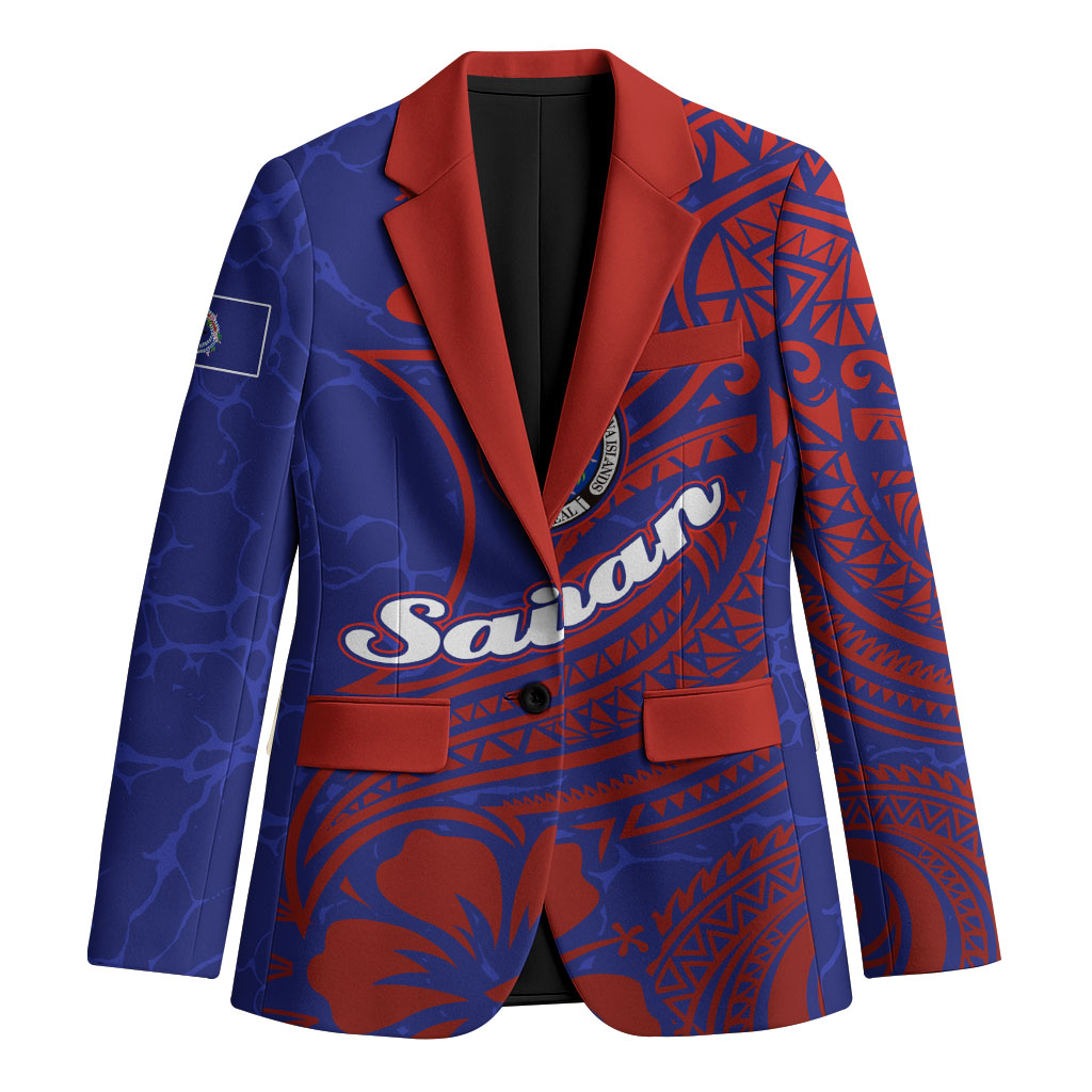 Saipan Northern Mariana Islands Blazer Polynesian Tribal Tattoo Art With Hibiscus Flowers And Seal TS04 Unisex Blue Red - Polynesian Pride