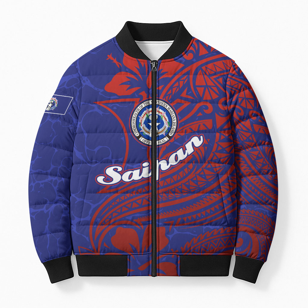 Saipan Northern Mariana Islands Bomber Puffer Jacket Polynesian Tribal Tattoo Art With Hibiscus Flowers And Seal TS04 Unisex Blue Red - Polynesian Pride